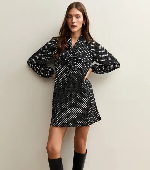 Women's Black Polka Dot Pussybow Mini Dress