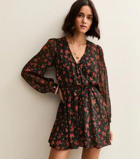 Women's Black Floral Wrap Front Mini Dress