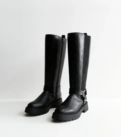 Women's Wide Fit Black Triple Strap Buckle Faux Leather Knee High Boots Vegan