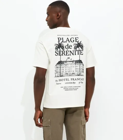 Men's Off White Oversized Plage de Serenite Print T-Shirt
