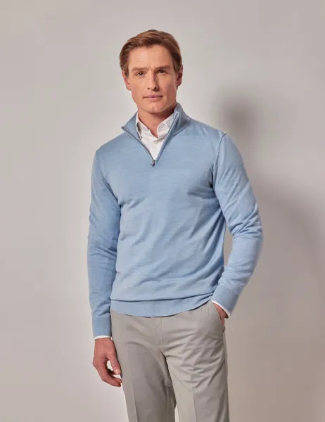 Hawes & Curtis Pure Wool Half Zip Jumper Light Blue