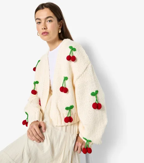 Women's Stone Cherry Appliqued Open Cardigan