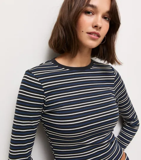 Women's Navy Cotton Rich Stripe Long Sleeve Top