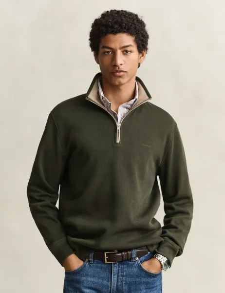 Gant Pure Cotton Ribbed Half Zip Sweatshirt Green