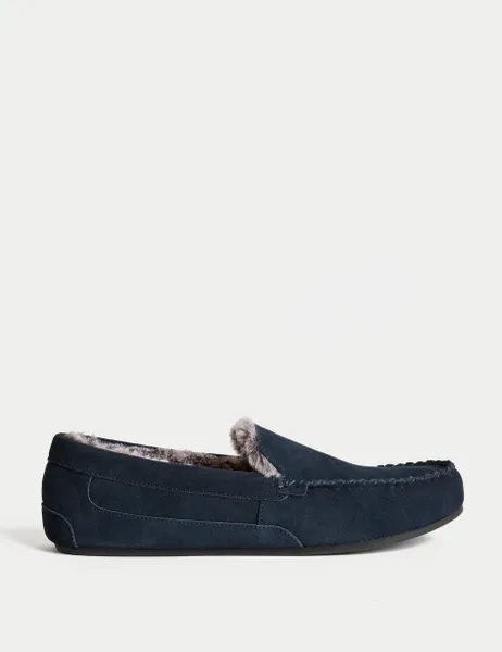 Marks & Spencer Suede Fleece Lined Moccasin Slippers Navy