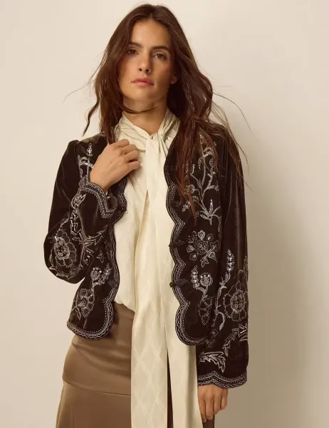 Monsoon Velvet Floral Embellished Jacket Chocolate