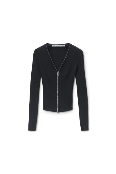 V-NECK LONG SLEEVE POINTELLE ZIP CARDIGAN