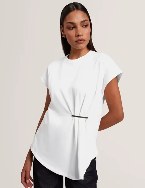 Ted Baker Pure Cotton Crew Neck Gathered T-Shirt White