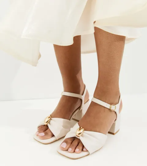 Women's Wide Fit Off White Faux Leather Metal Ring Block Heel Sandals Vegan