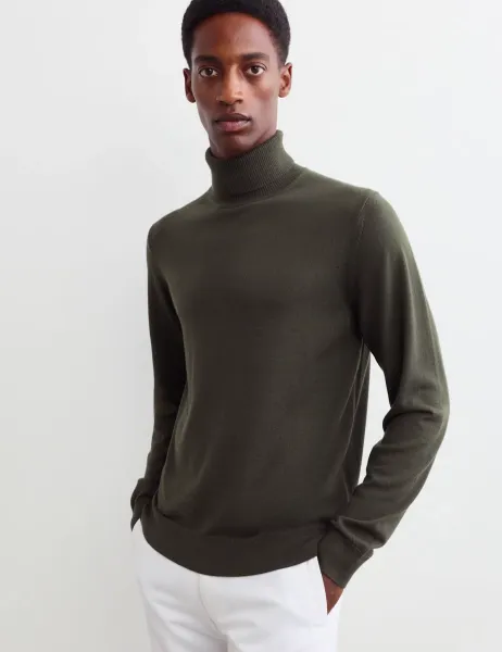 Merino Wool Rich Roll Neck Jumper with Silk Dark Khaki