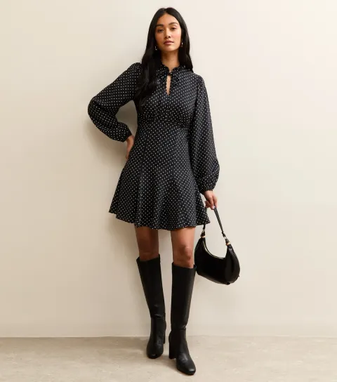 Women's Black Polka Dot Keyhole Midi Dress