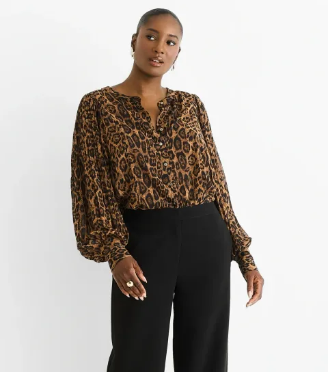 Women's Brown Leopard Print Chiffon Blouse