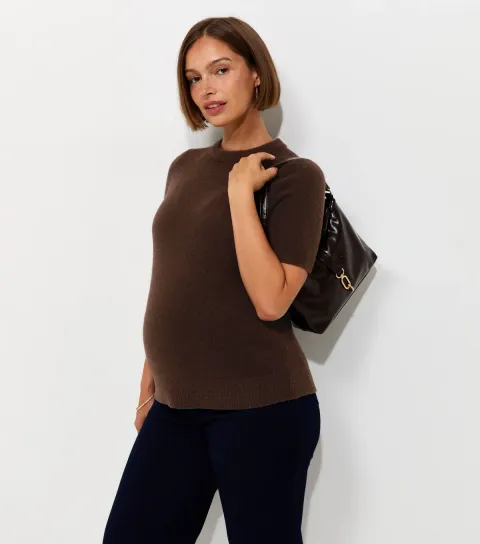 Women's Maternity Dark Brown Brushed Knit Set In Sleeve T-Shirt