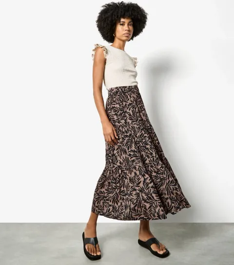 Women's Brown Tiered Leaf Print Midi Skirt