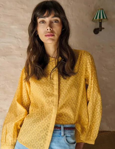 Cotton Rich Jacquard Blouson Sleeve Blouse Yellow Mix