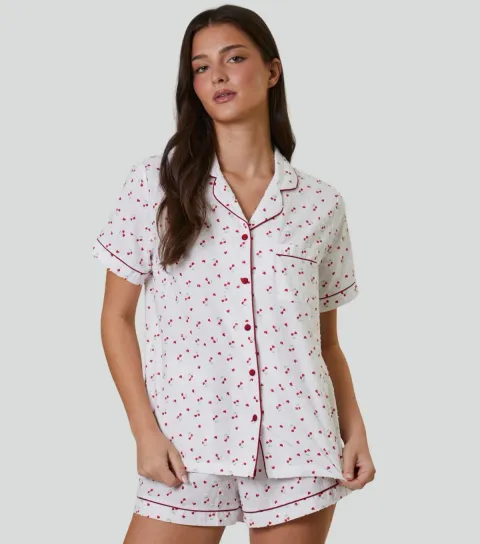 Women's White Heart Cherry Print Pyjama Set