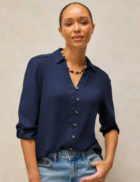 White Stuff Cotton Rich Collared Shirt with Modal Dark Navy