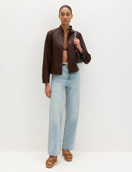 Marks & Spencer Relaxed High Waisted Gem Embellished Straight Leg Jeans Light Indigo