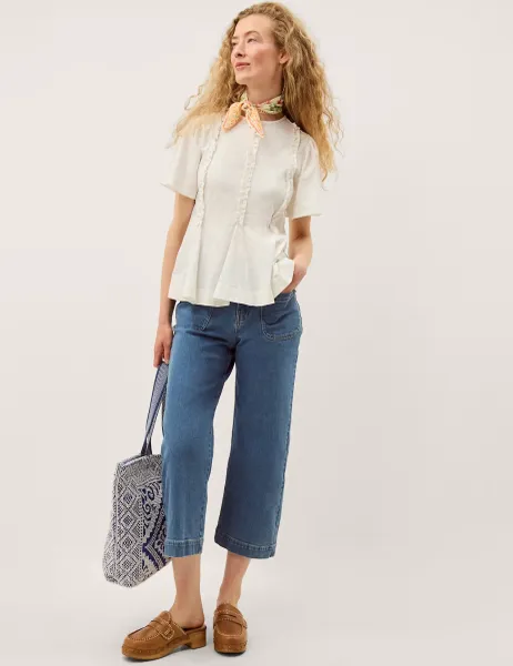 Monsoon Pure Cotton Jersey Frill Detail Blouse Ivory