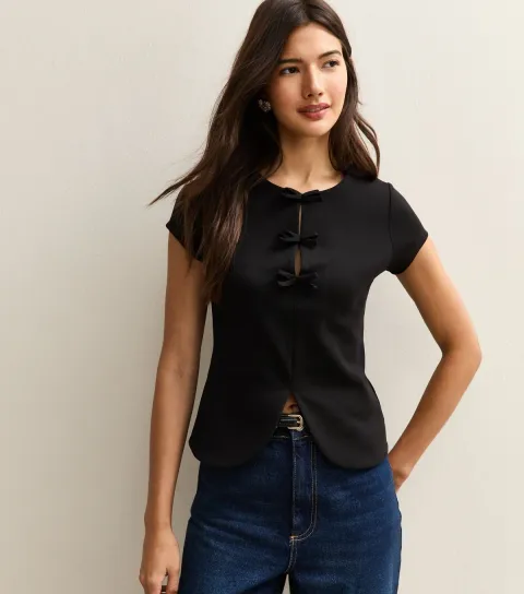 Women's Black Bow Detail Short Sleeve Top
