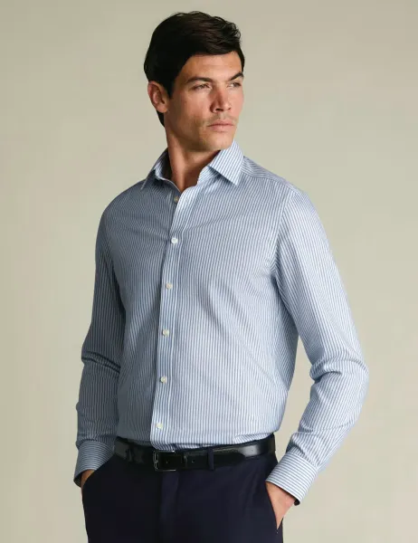 Charles Tyrwhitt Slim Fit Non Iron Pure Cotton Striped Shirt Indigo Mix