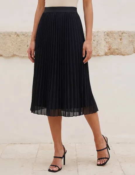 Roman Petite Pleated Midi A-Line Skirt Black