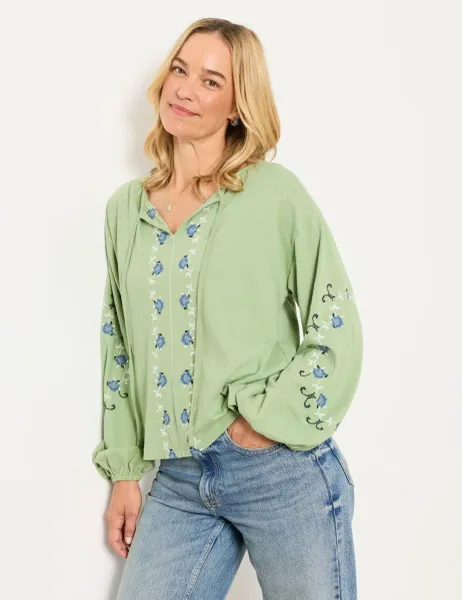 FatFace Pure Cotton Embroidered Tie Neck Blouse Green Mix