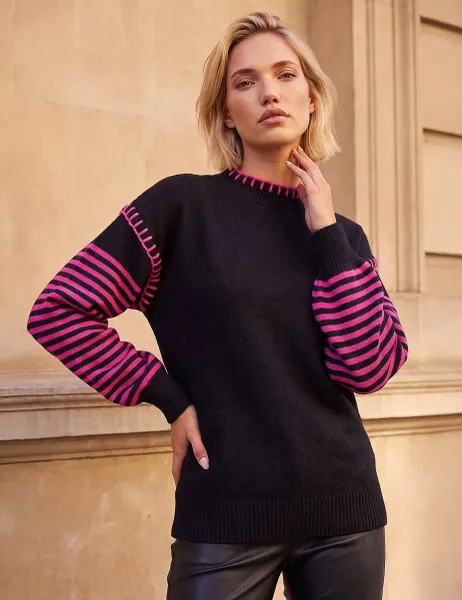 Roman Striped Stitch Detail Jumper Black Mix