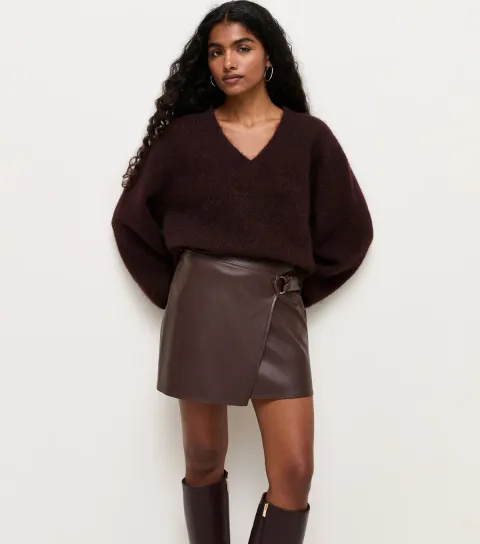 Women's Petite Dark Brown Faux Leather Belted Wrap Skort