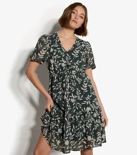 Women's Green Monochrome Leaf Mini Dress