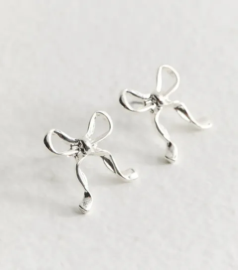 Silver Tone Bow Shape Large Stud Earrings