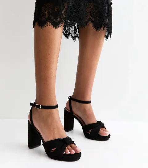Women's Wide Fit Black Faux Suede Knot Strap Platform Sandals Vegan