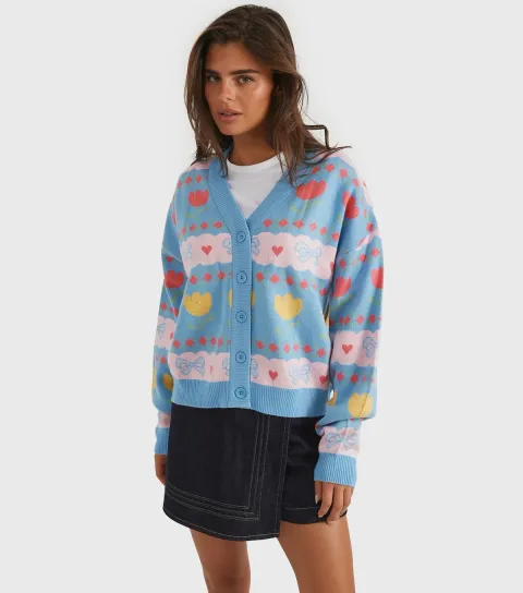 Women's Blue Bow Tulip Knitted Cardigan