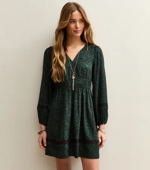 Women's Green Animal Print Long Sleeve Mini Dress