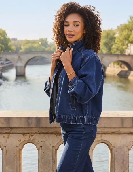 SOSANDAR Denim Funnel Neck Jacket Dark Indigo