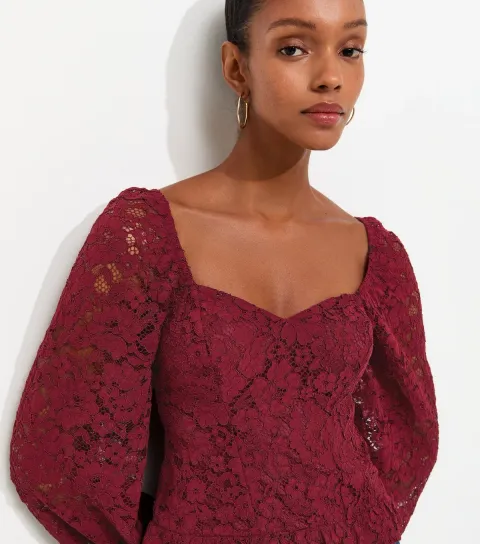 Women's Dark Burgundy With Cotton Floral Lace Long Sleeve Blouse