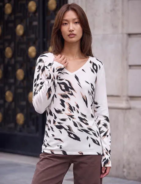 Roman V Neck Animal Print Knit Jumper Beige Mix