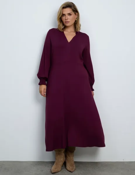 Live Unlimited London Jersey V-Neck Frill Detail Midaxi Tea Dress Burgundy