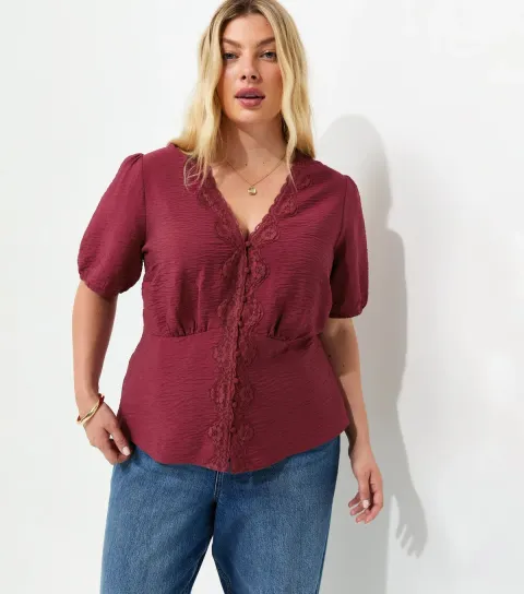 Women's Plus Size Dark Burgundy Crinkle Texture Lace Trim Button Tea Blouse Curves