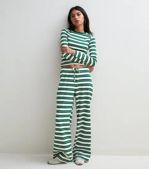 Women's Green Cotton Rich Striped Wide Leg Trousers