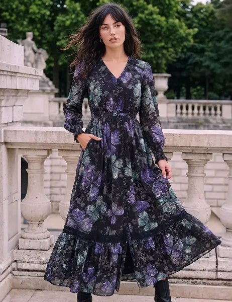 Roman Butterfly Print Lace Trim Button Through Midi Dress Purple
