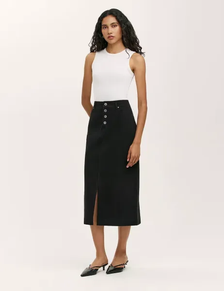 Finery London Pure Cotton Canvas Midi A-Line Skirt Black