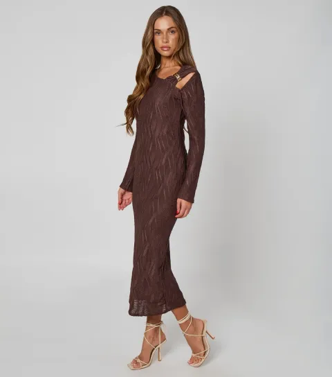 Women's Brown Textured Cut Out Midi Dress