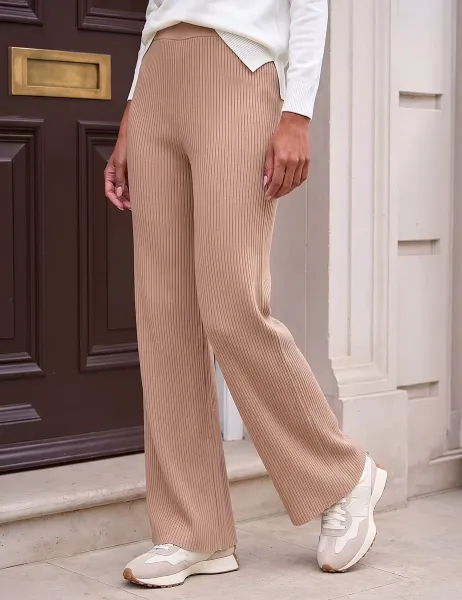 Roman Ribbed Knitted Trousers Camel Mix