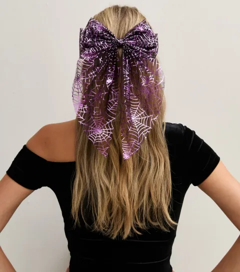 New Look Purple Halloween Spider Web Print Mesh Bow Hair Slide