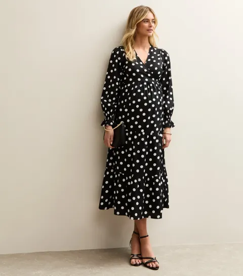 Women's Maternity Black Polka Dot Midi Wrap Dress