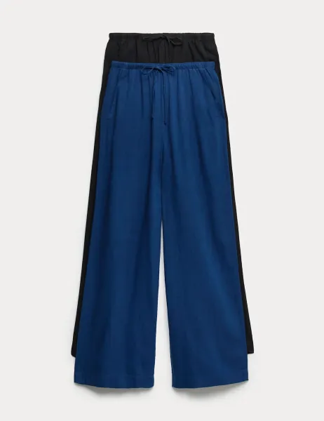 Marks & Spencer 2 Pack Wide Leg Trousers with Linen Navy