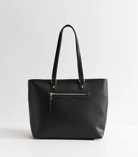 Black Faux Leather Front Zip Pocket Tote Bag Vegan