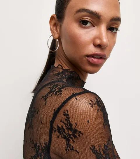 Women's Black Sheer Floral Lace Long Sleeve Top