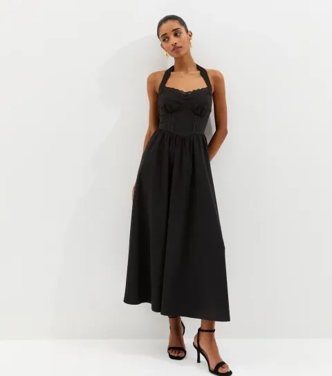 Women's Black Embroidered Halter Midi Dress